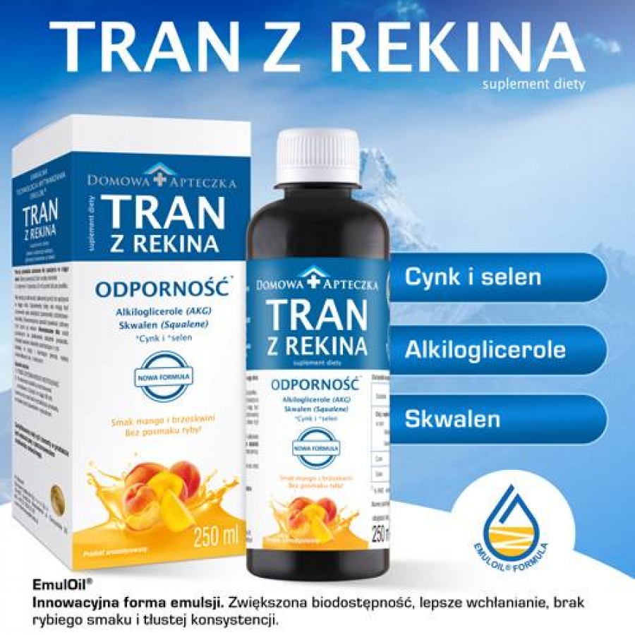 Miniaturka artykułu - #1 DOMOWA APTECZKA Tran z rekina o smaku mango-brzoskwinia emulsja, 250ml (nowa formuła)