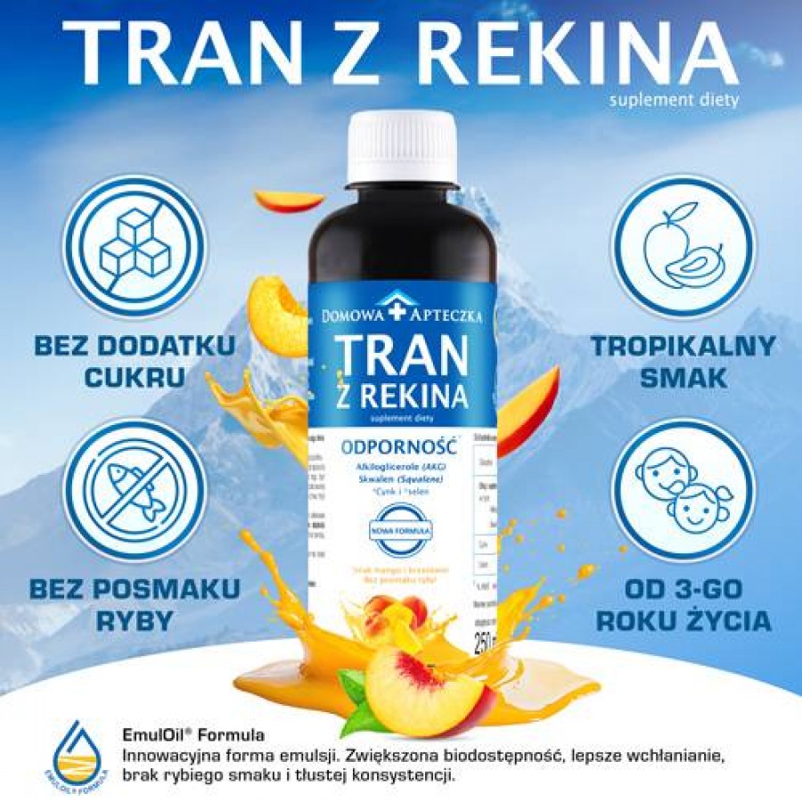 Zdjęcie produktu - 2 DOMOWA APTECZKA Tran z rekina o smaku mango-brzoskwinia emulsja, 250ml (nowa formuła)