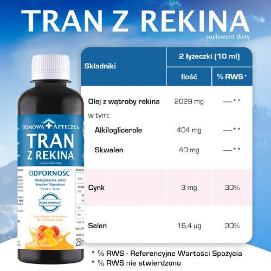 Zdjęcie produktu - 3 DOMOWA APTECZKA Tran z rekina o smaku mango-brzoskwinia emulsja, 250ml (nowa formuła)
