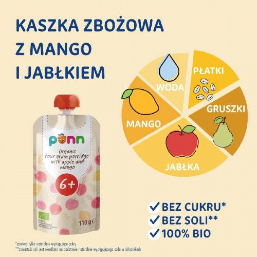 Miniaturka artykułu - #0 SALVEST P&Otilde;NN BIO Kaszka zbożowa z mango i jabłkiem, 110g