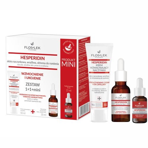 Miniaturka artykułu - #0 FLOS-LEK Zestaw prezentowy HESPERIDIN: Krem wzmacniający naczynka, 50ml + Koncentrat na naczynka, 30ml + Peeling kwasowy na noc, 15ml