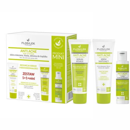 Miniaturka artykułu - #0 FLOS-LEK Zestaw prezentowy ANTI ACNE 24h System: Krem matujący, 50ml + Serum kojące, 50ml + Tonik normalizujący, 50ml