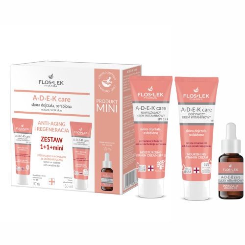 Miniaturka artykułu - #0 FLOS-LEK Zestaw prezentowy A+D+E+K care Anti-aging i Regeneracja: Nawilżający krem witaminowy SPF 15, 50ml + Odżywczy krem witaminowy, 50ml + Olejek witaminowy Skin Booster, 15ml