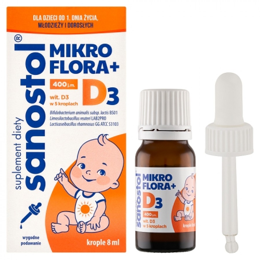 Miniaturka artykułu - #0 Sanostol Mikroflora + D3 krople dla dzieci i dorosłych, 8 ml