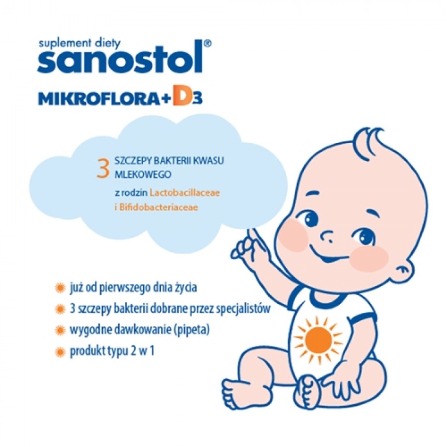 Zdjęcie produktu - 2 Sanostol Mikroflora + D3 krople dla dzieci i dorosłych, 8 ml
