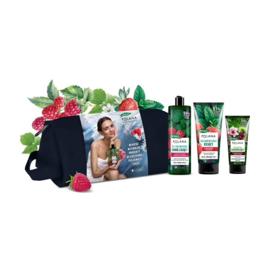 Miniaturka artykułu - #0 HERBAPOL Zestaw z kosmetyczką: Malina Żel nawilżający, 400ml + Kojący balsam do ciała, 200ml + Regenerujący krem do rąk, 75ml