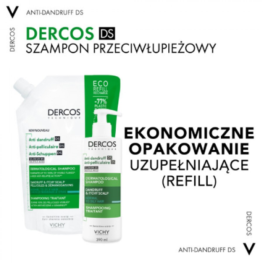 Miniaturka artykułu - #0 Vichy Dercos DS Szampon przeciwłupieżowy do włos&oacute;w normalnych i tłustych Refill, 500 ml