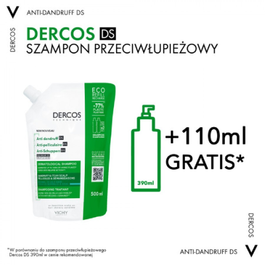 Zdjęcie produktu - 3 Vichy Dercos DS Szampon przeciwłupieżowy do włos&oacute;w normalnych i tłustych Refill, 500 ml