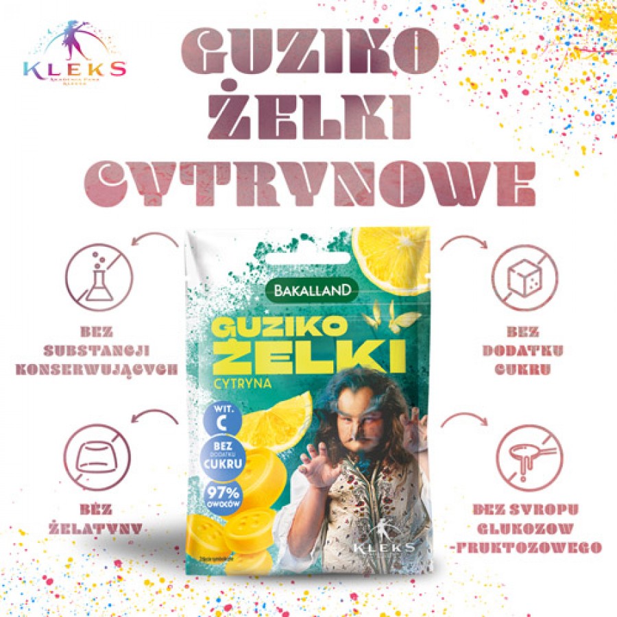 Zdjęcie produktu - 0 BAKALLAND Akademia Pana Kleksa Guziko-żelki Cytryna, 34g