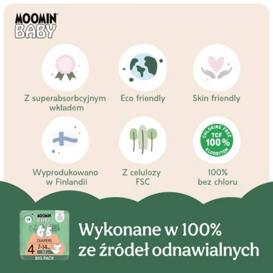 Miniaturka artykułu - #0 MOOMIN BABY Diapers Pieluszki ekologiczne 4 (7-14kg), 63szt.