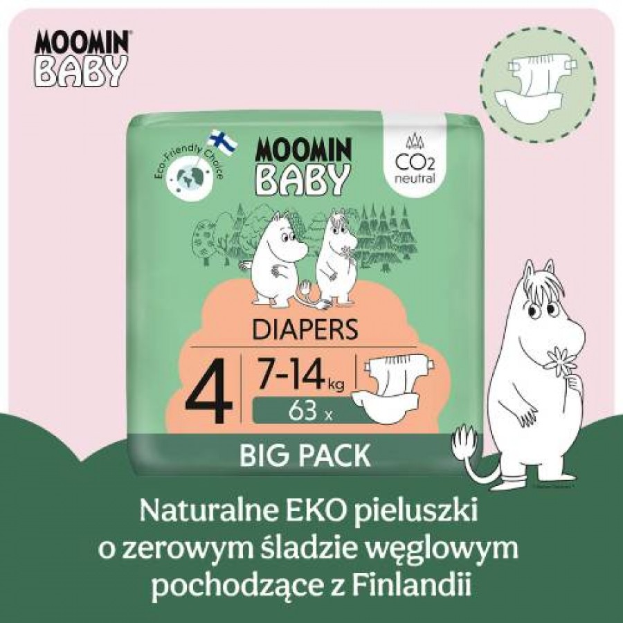 Zdjęcie produktu - 3 MOOMIN BABY Diapers Pieluszki ekologiczne 4 (7-14kg), 63szt.
