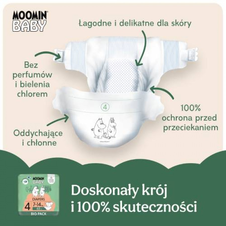 Zdjęcie produktu - 4 MOOMIN BABY Diapers Pieluszki ekologiczne 4 (7-14kg), 63szt.