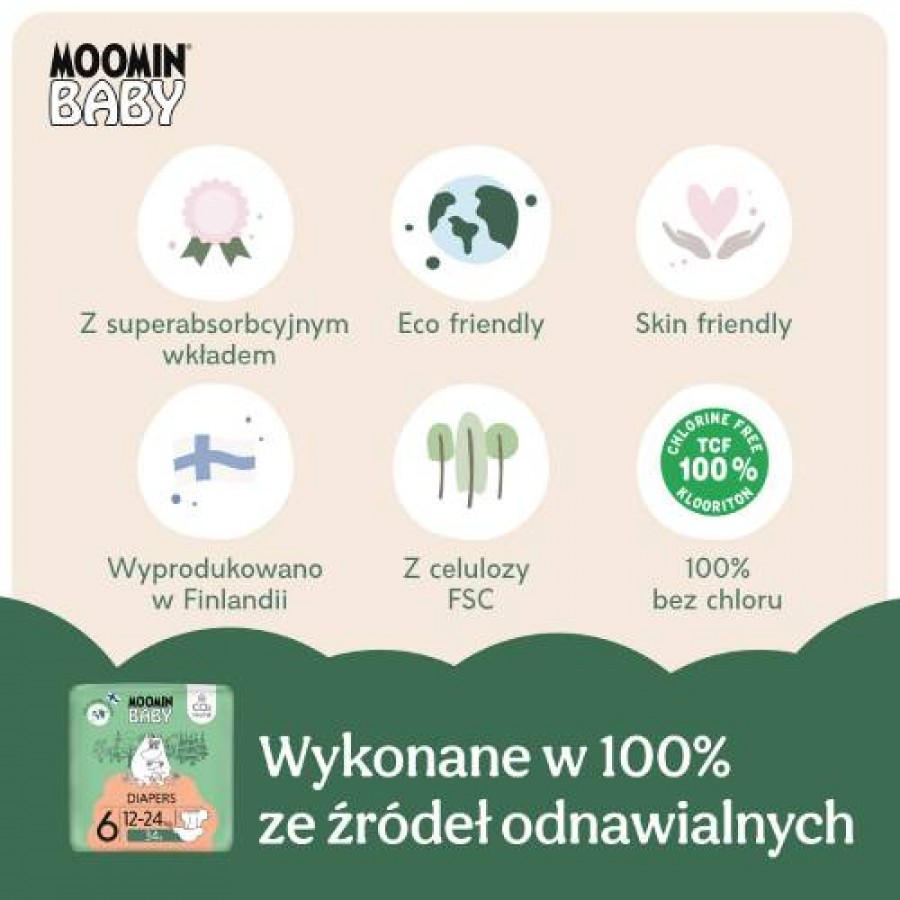 Zdjęcie produktu - 3 MOOMIN BABY Diapers Pieluszki ekologiczne 6 (12-24kg), 34szt.