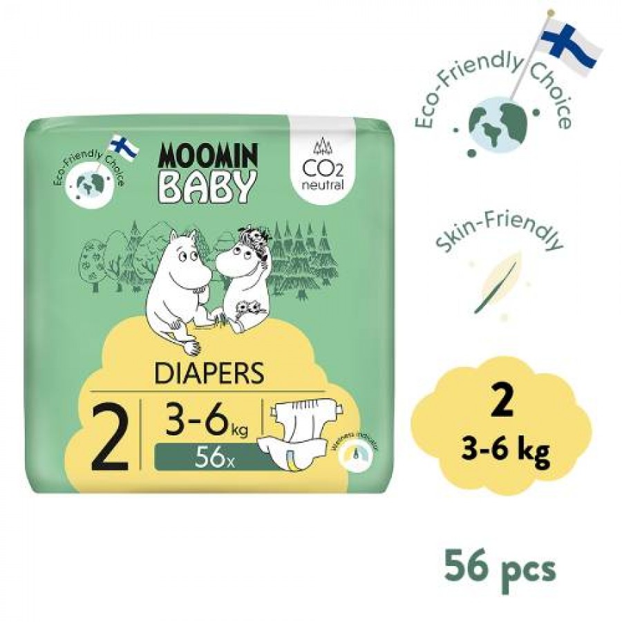 Miniaturka artykułu - #0 MOOMIN BABY Newborn Pieluszki ekologiczne 2 (3-6kg), 56szt.