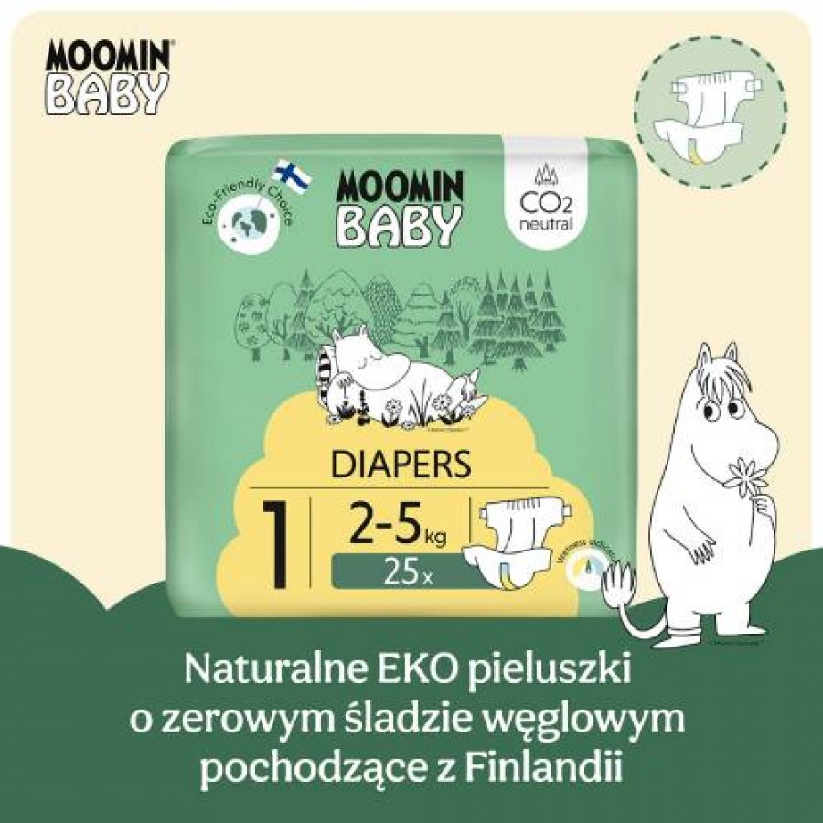 Miniaturka artykułu - #1 MOOMIN BABY Newborn Pieluszki ekologiczne 1 (2-5kg), 25szt.