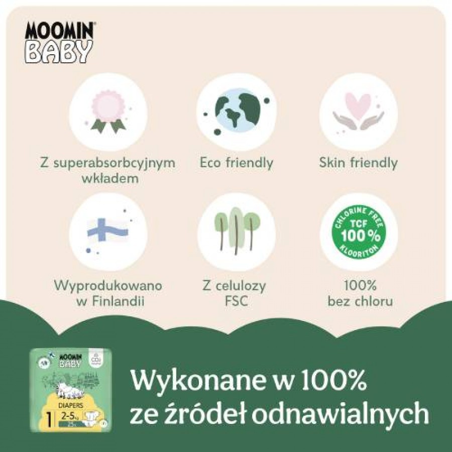 Zdjęcie produktu - 3 MOOMIN BABY Newborn Pieluszki ekologiczne 1 (2-5kg), 25szt.