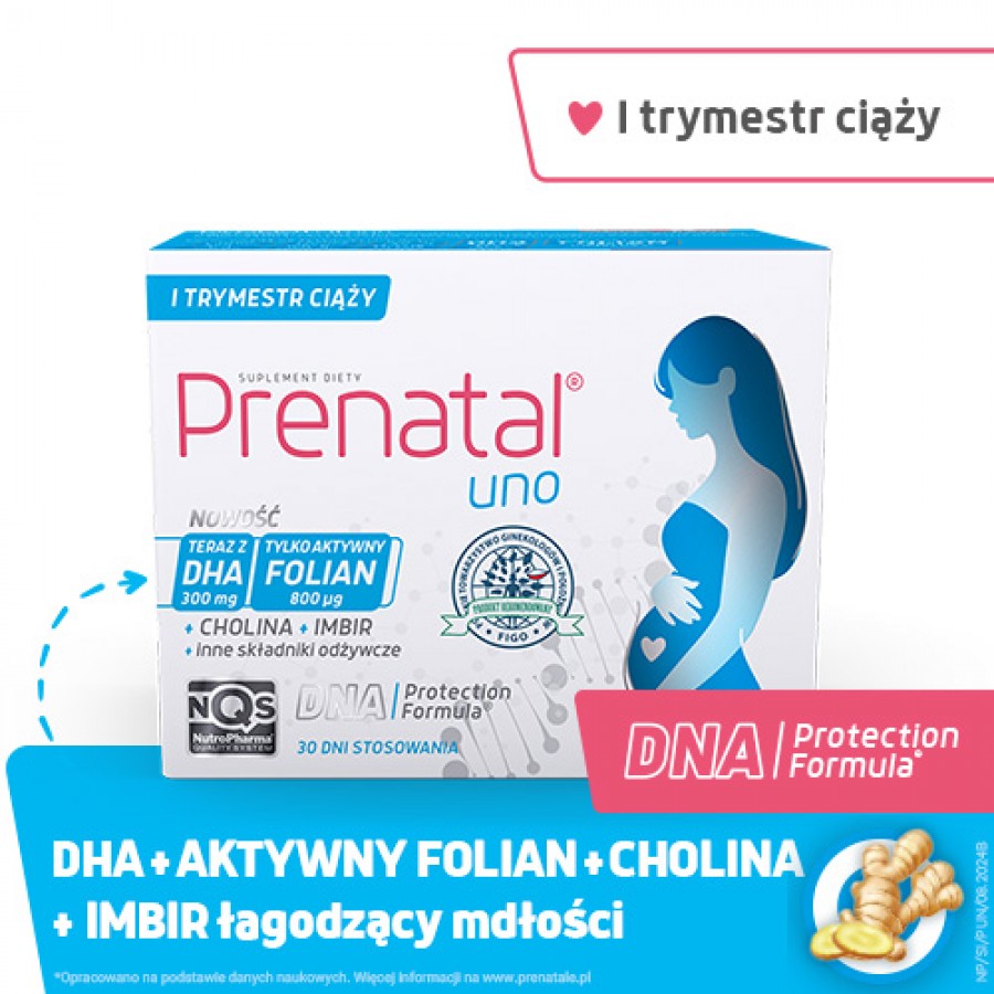 Zdjęcie produktu - 0 Prenatal Uno, 30 kaps. + 30 kaps. - suplement diety z kwasem foliowym i DHA dla kobiet w ciąży