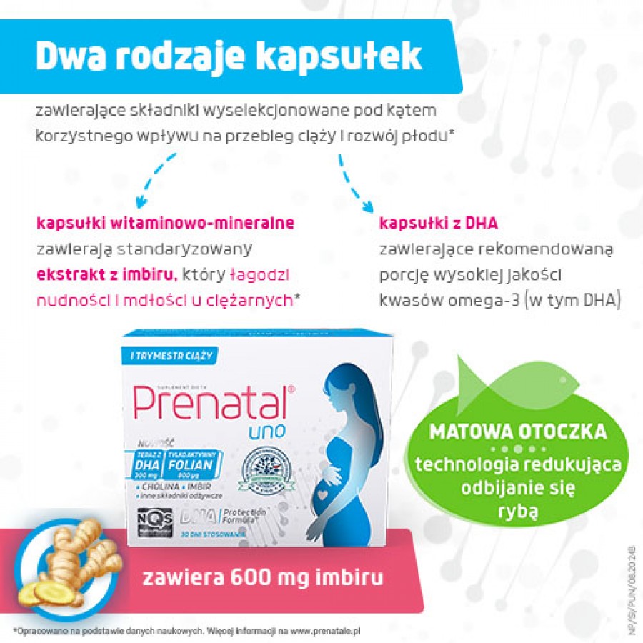 Zdjęcie produktu - 2 Prenatal Uno, 30 kaps. + 30 kaps. - suplement diety z kwasem foliowym i DHA dla kobiet w ciąży
