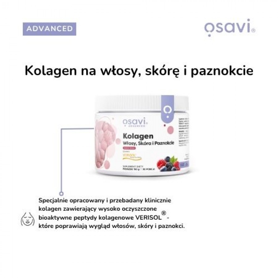 Miniaturka artykułu - #1 OSAVI Advanced Kolagen Włosy, Sk&oacute;ra i Paznokcie - smak Owoce Leśne Proszek, 150g
