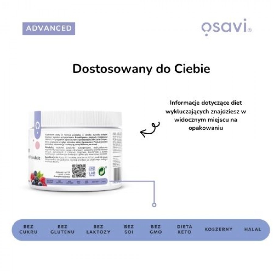 Zdjęcie produktu - 3 OSAVI Advanced Kolagen Włosy, Sk&oacute;ra i Paznokcie - smak Owoce Leśne Proszek, 150g