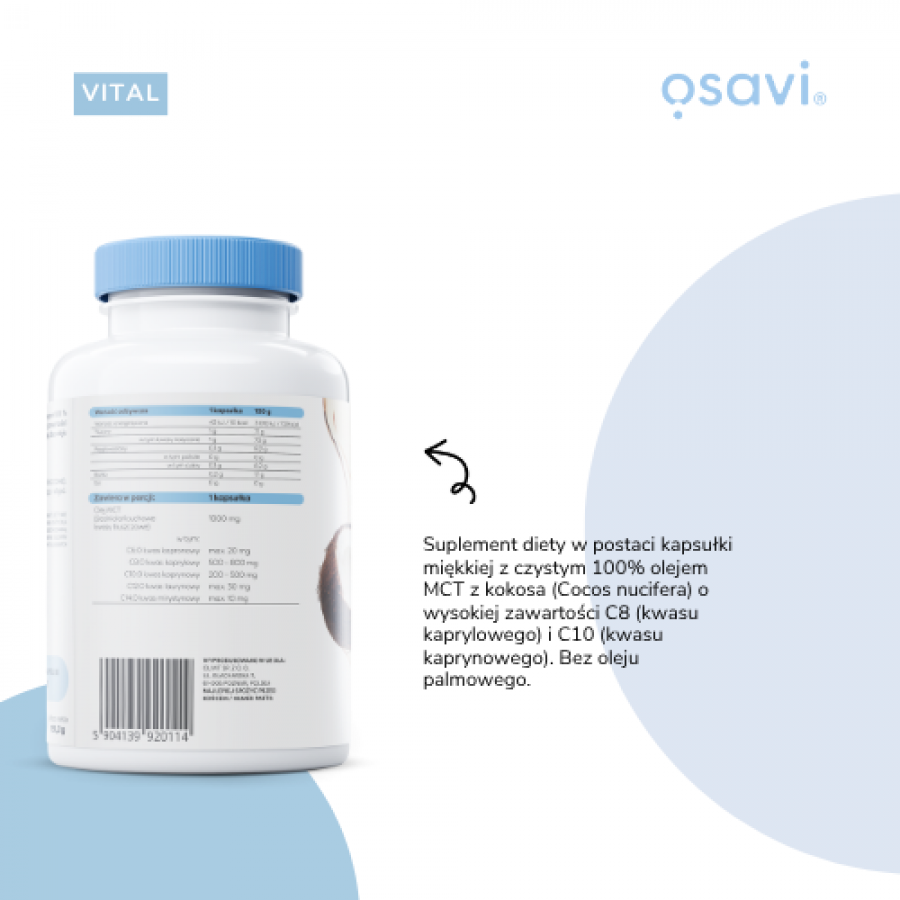 Zdjęcie produktu - 2 Osavi Vital Olej MCT 1000mg, 120 kapsułek miękkich