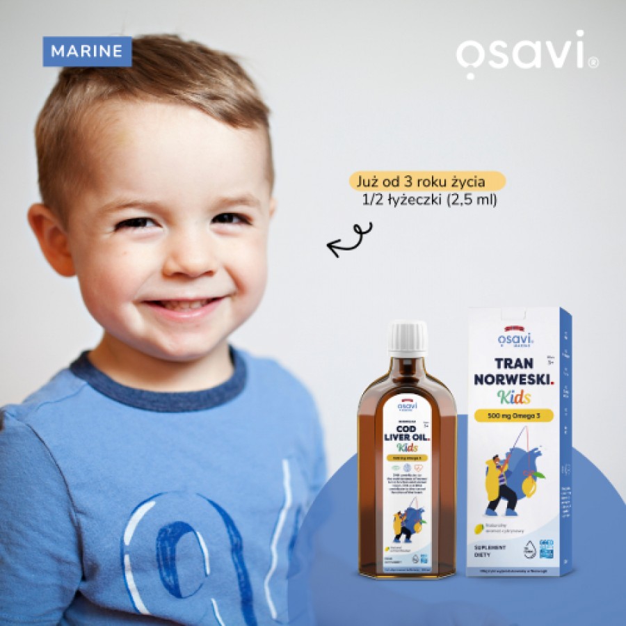 Miniaturka artykułu - #0 OSAVI Marine Tran norweski Kids 500mg Omega 3 cytrynowy, 250 ml