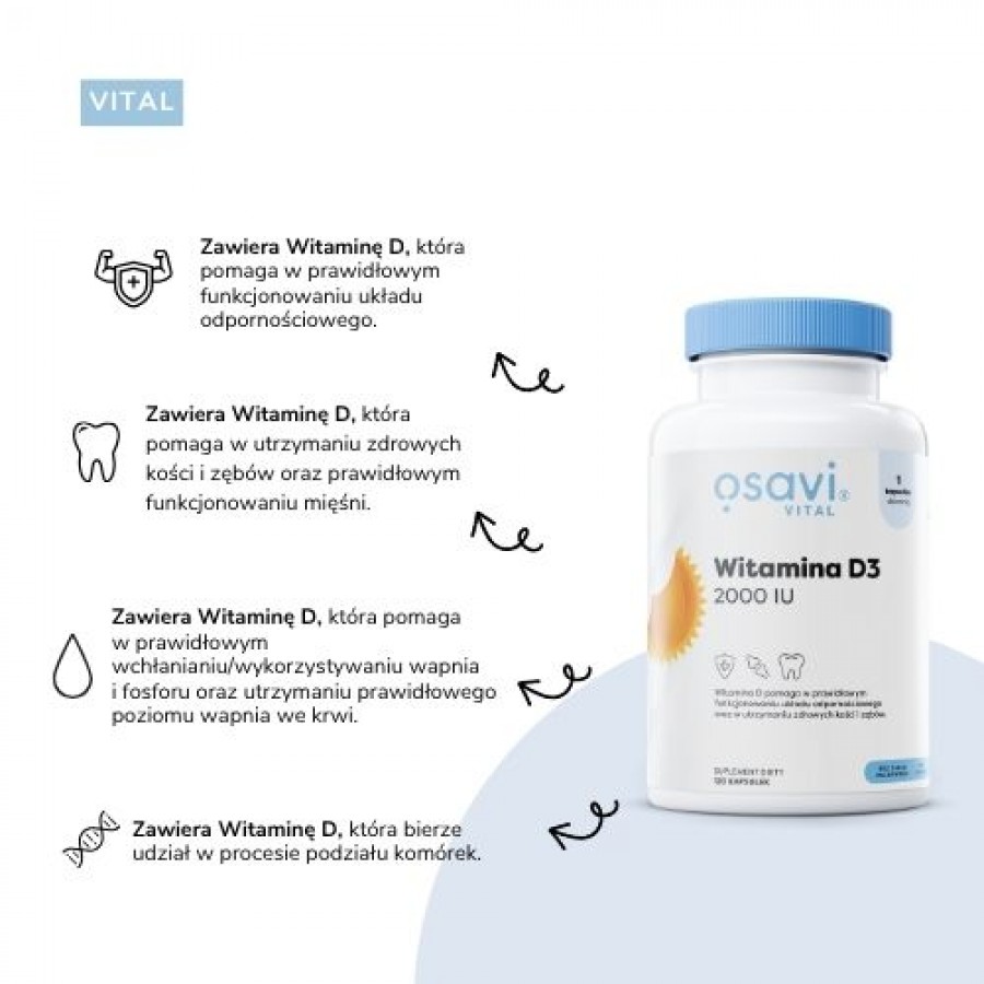 Zdjęcie produktu - 3 OSAVI Vital Witamina D3 2000 j.m., 120 kaps.