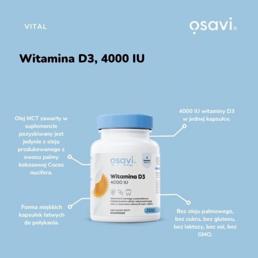 Zdjęcie produktu - 2 OSAVI Vital Witamina D3 4000 j.m., 60 kaps.