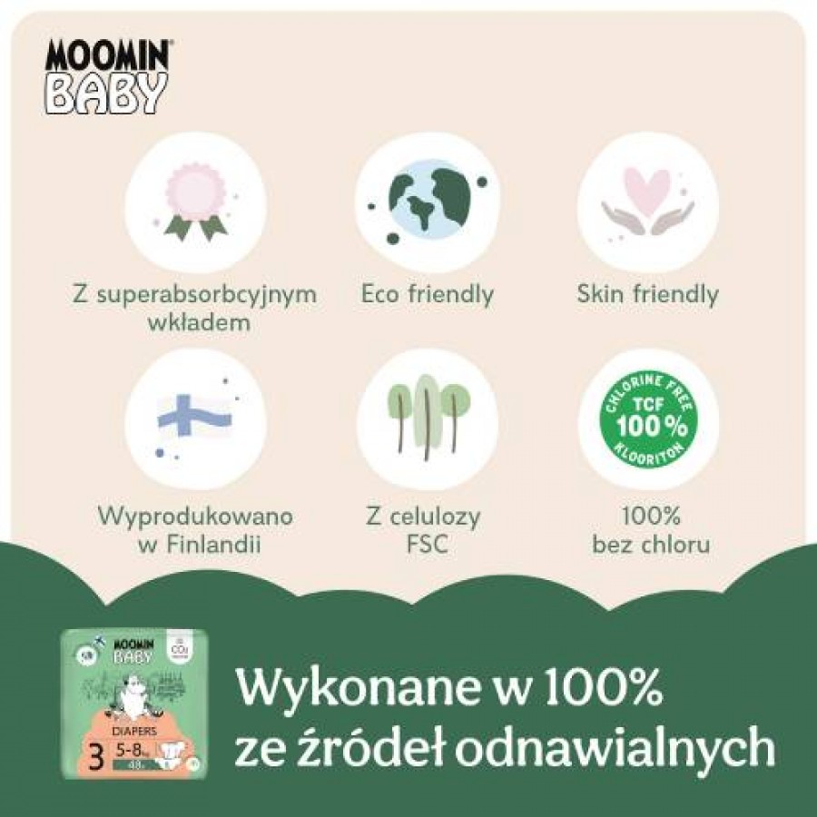 Zdjęcie produktu - 3 MOOMIN BABY Diapers Pieluszki ekologiczne 3 (5-8kg), 48szt.