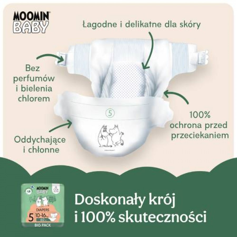 Zdjęcie produktu - 2 MOOMIN BABY Diapers Pieluszki ekologiczne 5 (10-16kg), 60szt.