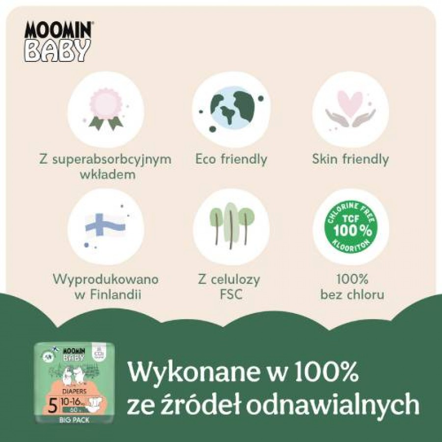 Zdjęcie produktu - 3 MOOMIN BABY Diapers Pieluszki ekologiczne 5 (10-16kg), 60szt.