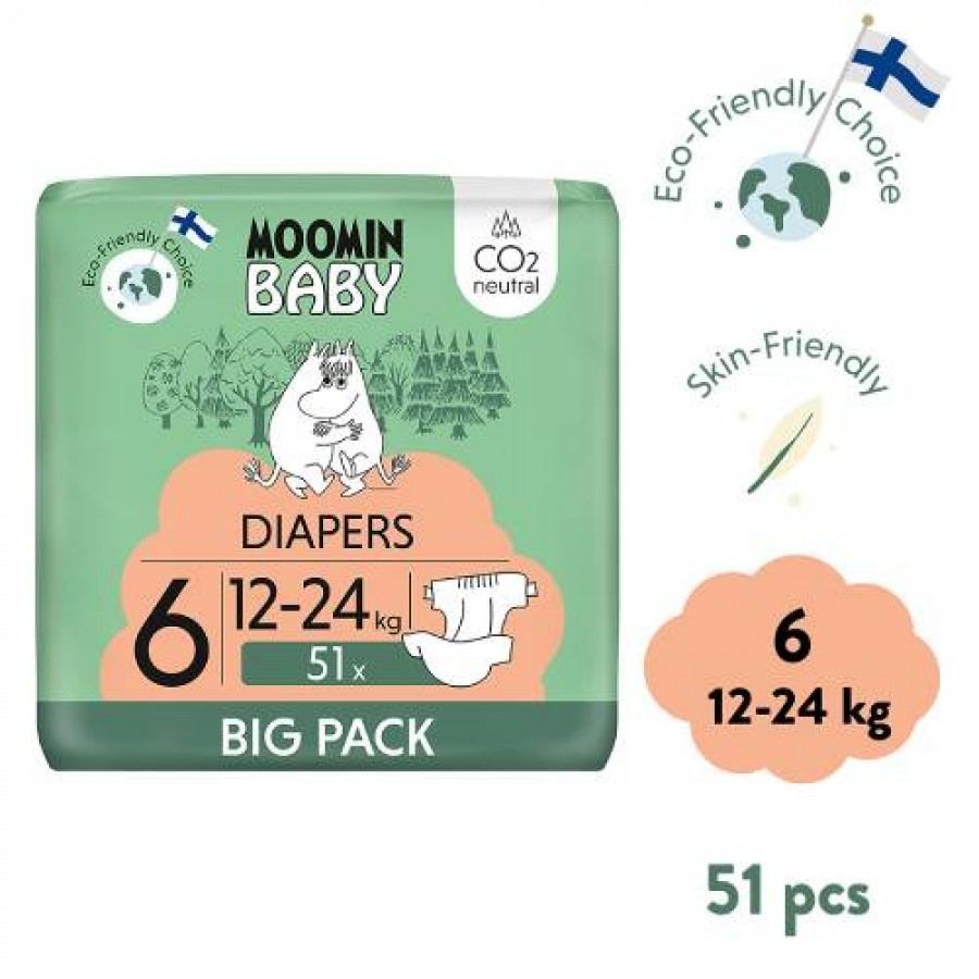 Miniaturka artykułu - #0 MOOMIN BABY Diapers Pieluszki ekologiczne 6 (12-24kg), 51szt.