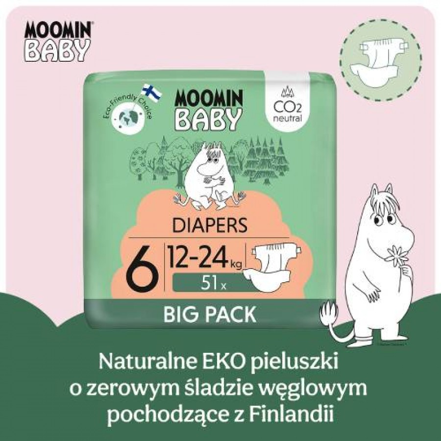 Miniaturka artykułu - #1 MOOMIN BABY Diapers Pieluszki ekologiczne 6 (12-24kg), 51szt.