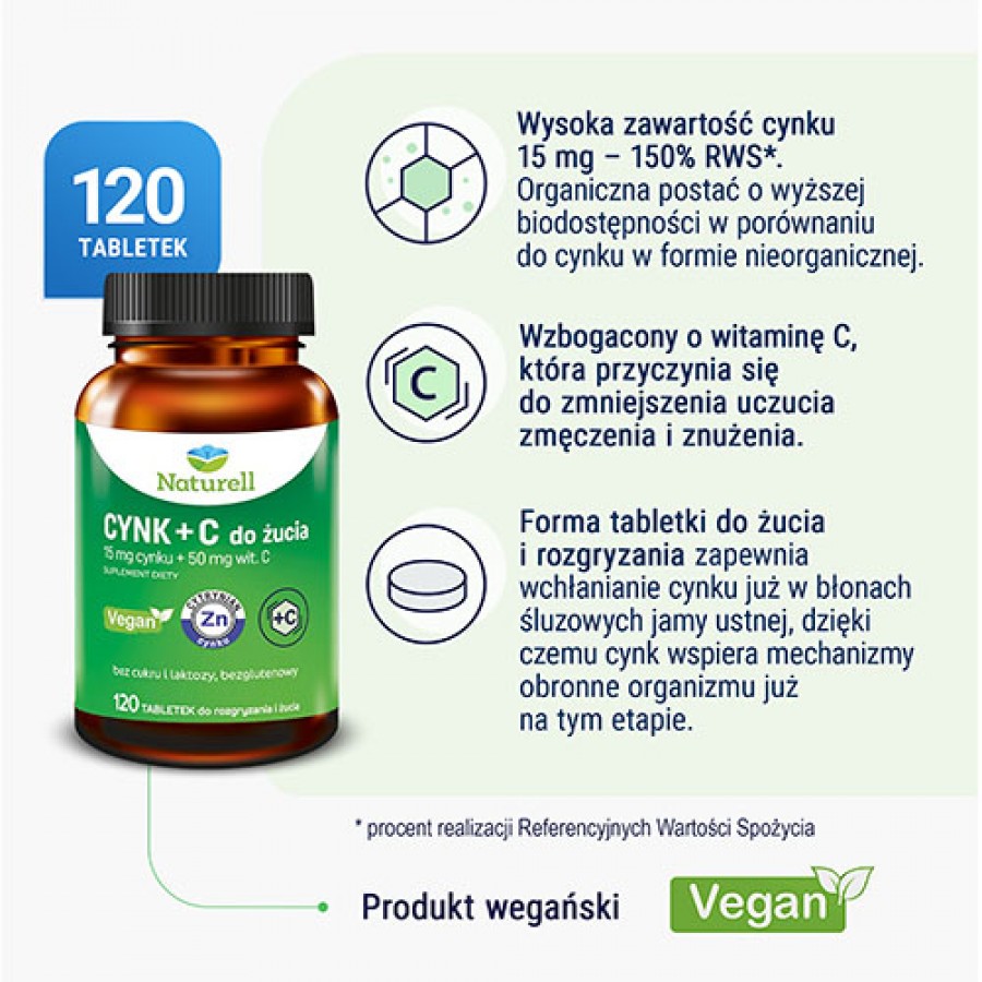 Miniaturka artykułu - #0 NATURELL Cynk + Witamina C tabletki do rozgryzania i żucia, 120szt.