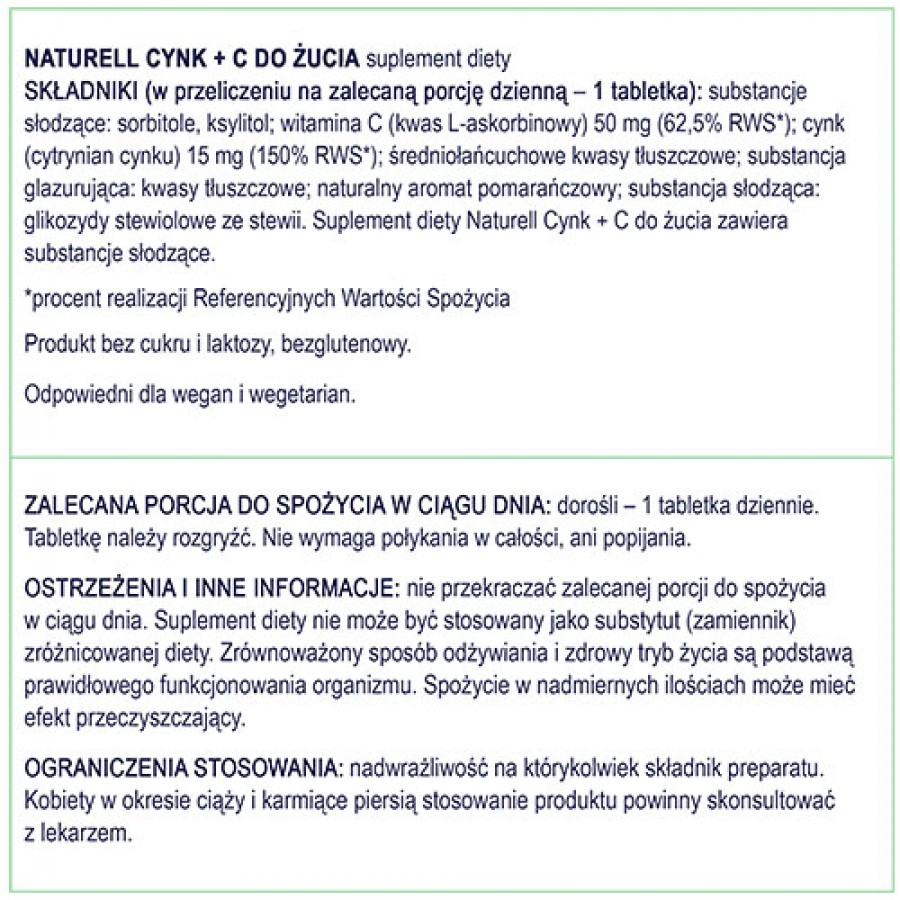 Zdjęcie produktu - 4 NATURELL Cynk + Witamina C tabletki do rozgryzania i żucia, 120szt.