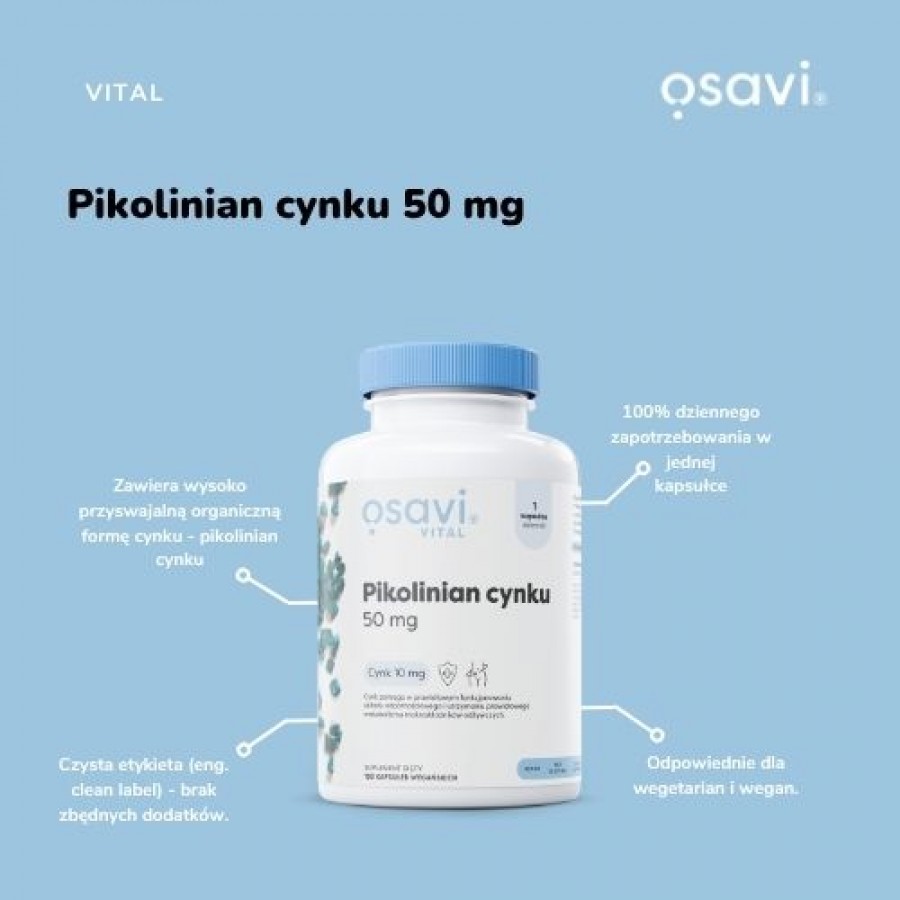 Zdjęcie produktu - 1 OSAVI Vital Pikolinian cynku 50mg cynk, 180 kaps. wegańskich