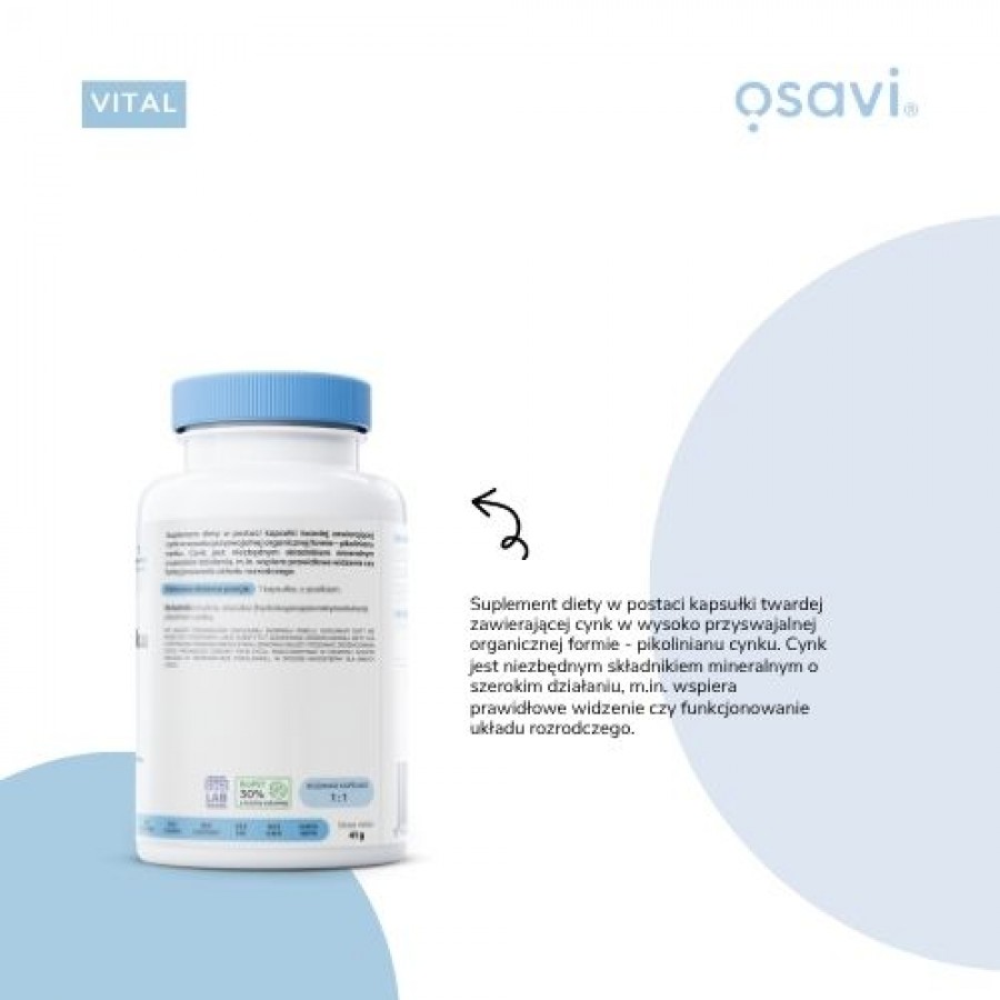 Zdjęcie produktu - 3 OSAVI Vital Pikolinian cynku 50mg cynk, 180 kaps. wegańskich