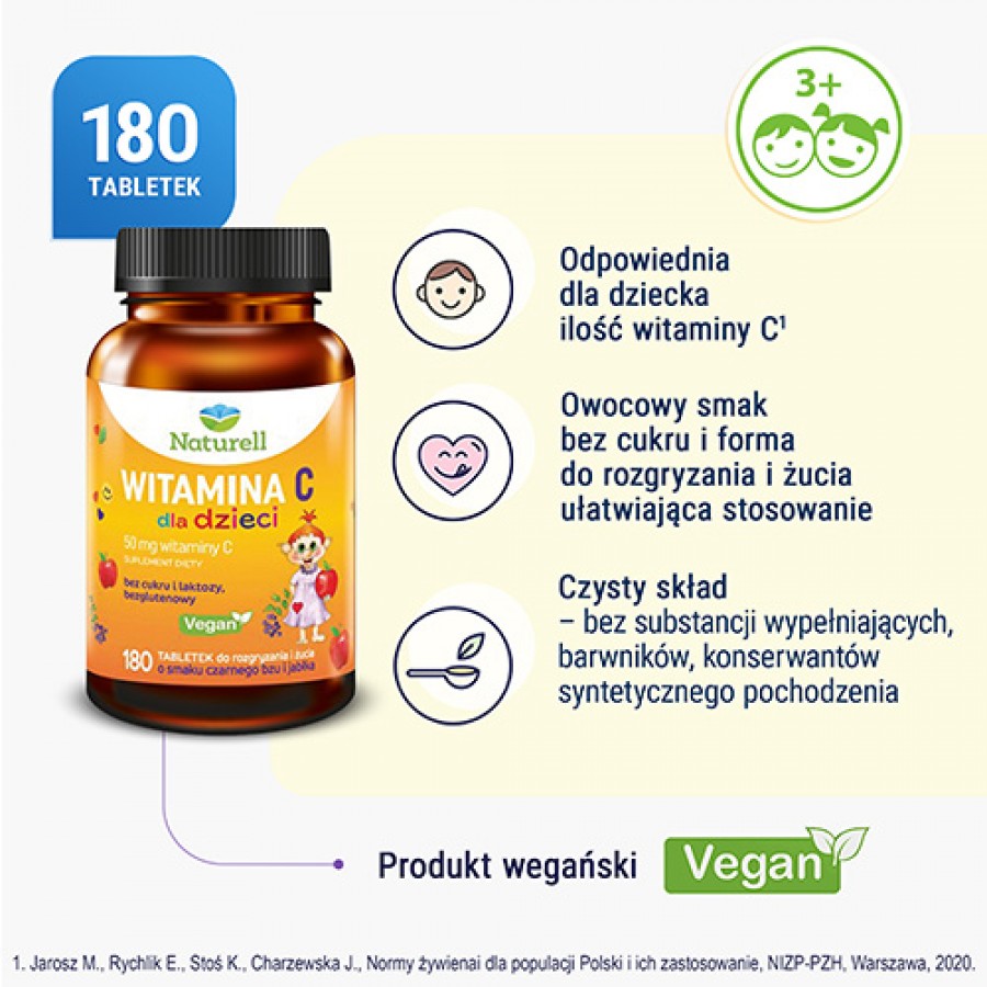Miniaturka artykułu - #0 NATURELL Witamina C dla dzieci, 180 tabletek