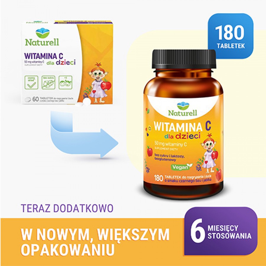 Miniaturka artykułu - #1 NATURELL Witamina C dla dzieci, 180 tabletek
