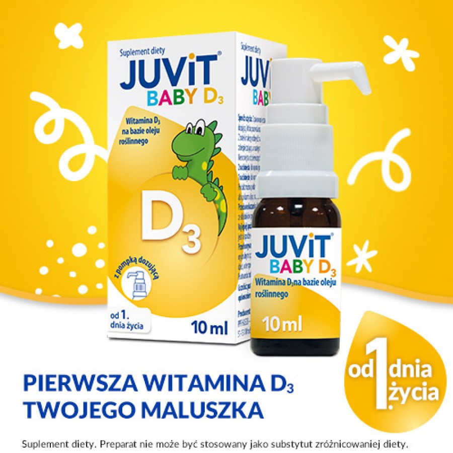 Miniaturka artykułu - #0 Juvit Baby D3 krople, 10 ml - suplement diety z witaminą D3 dla niemowląt i dzieci