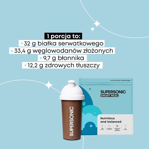 Zdjęcie produktu - 4 SUPERSONIC Smart Meal Pełnowartościowy posiłek Ciasteczkowo-bananowe smoothie, 1300g