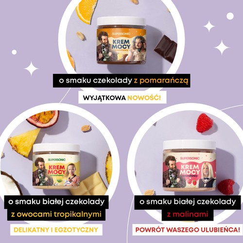 Zdjęcie produktu - 4 SUPERSONIC Kleks Krem Mocy Krem orzechowy o smaku białej czekolady z owocami tropikalnymi, 250g
