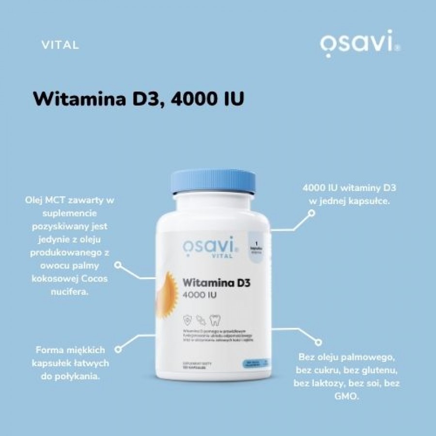 Zdjęcie produktu - 2 OSAVI Vital Witamina D3 4000IU, 120 kapsułek miękkich