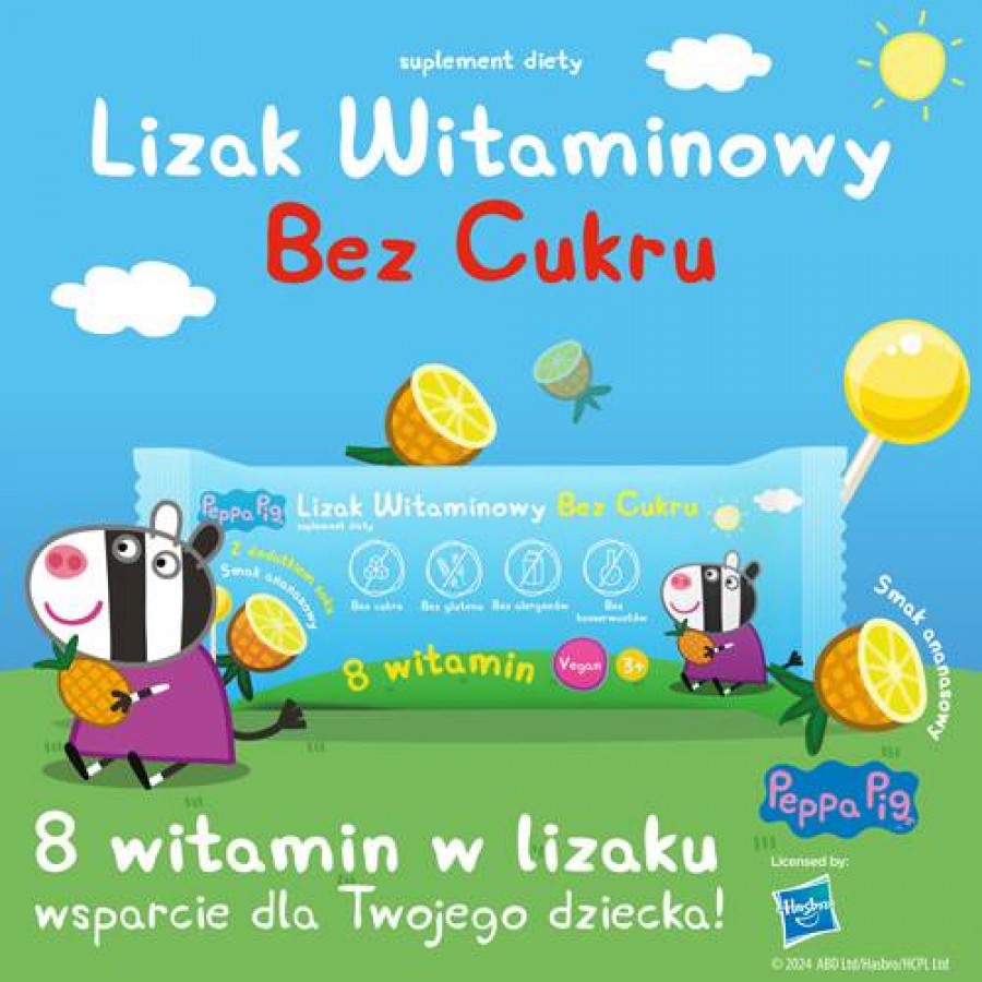 Zdjęcie produktu - 0 PEPPA PIG Lizak witaminowy bez cukru smak ananasowy, 1 sztuka