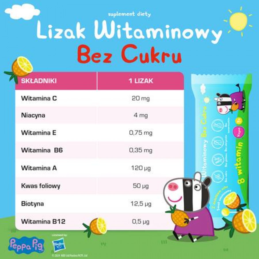 Zdjęcie produktu - 3 PEPPA PIG Lizak witaminowy bez cukru smak ananasowy, 1 sztuka