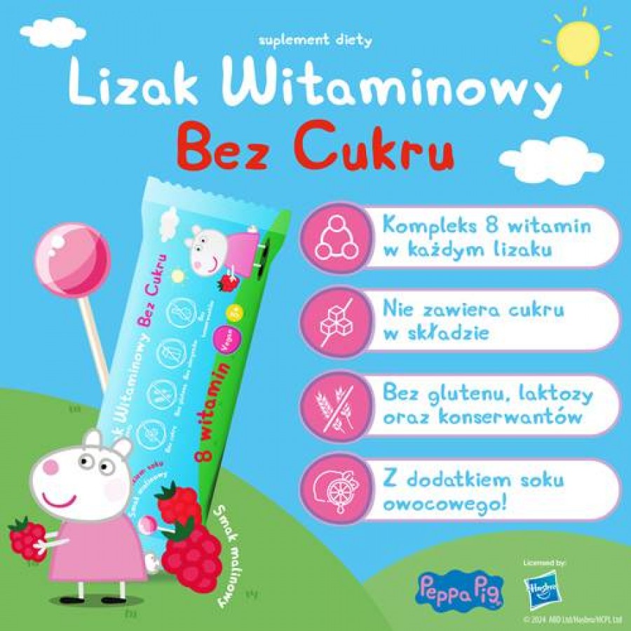 Miniaturka artykułu - #1 PEPPA PIG Lizak witaminowy bez cukru smak malinowy, 1 sztuka