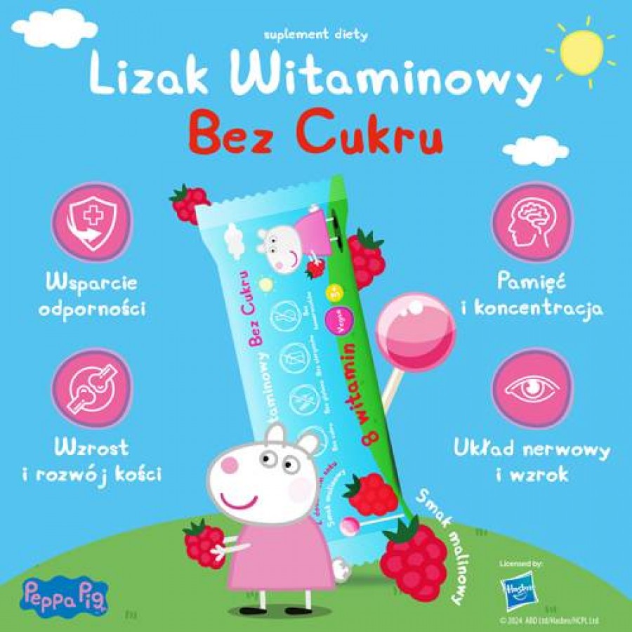 Zdjęcie produktu - 2 PEPPA PIG Lizak witaminowy bez cukru smak malinowy, 1 sztuka