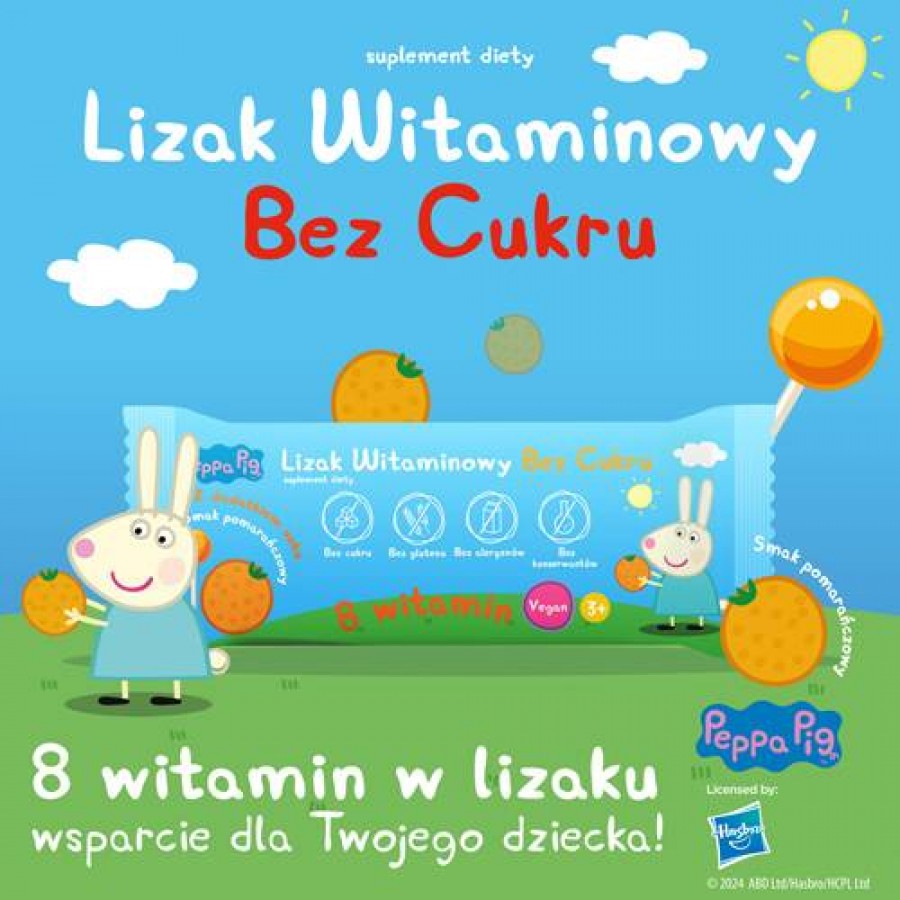 Zdjęcie produktu - 0 PEPPA PIG Lizak witaminowy bez cukru smak pomarańczowy, 1 sztuka