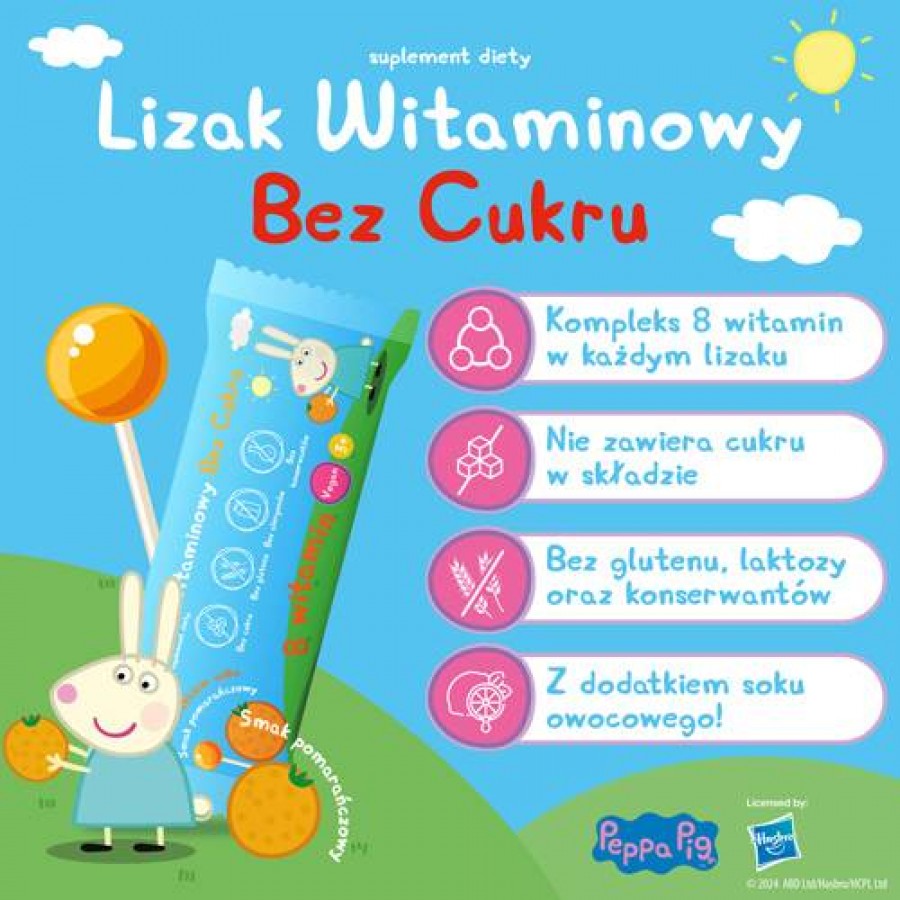 Zdjęcie produktu - 1 PEPPA PIG Lizak witaminowy bez cukru smak pomarańczowy, 1 sztuka