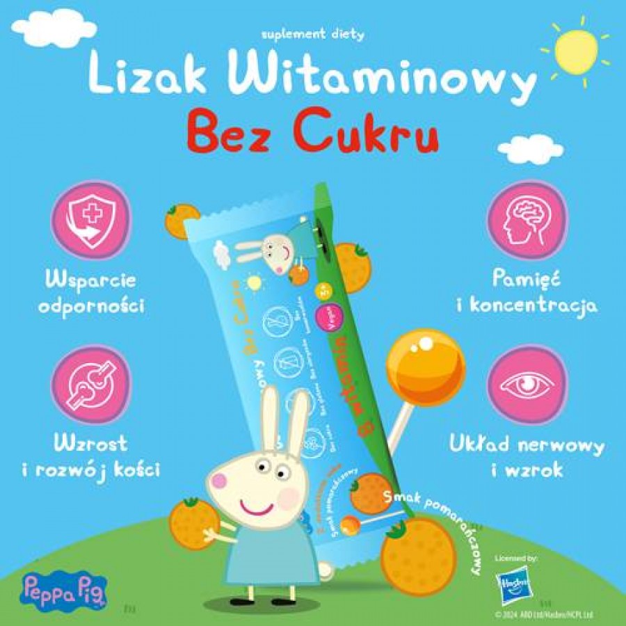 Zdjęcie produktu - 2 PEPPA PIG Lizak witaminowy bez cukru smak pomarańczowy, 1 sztuka